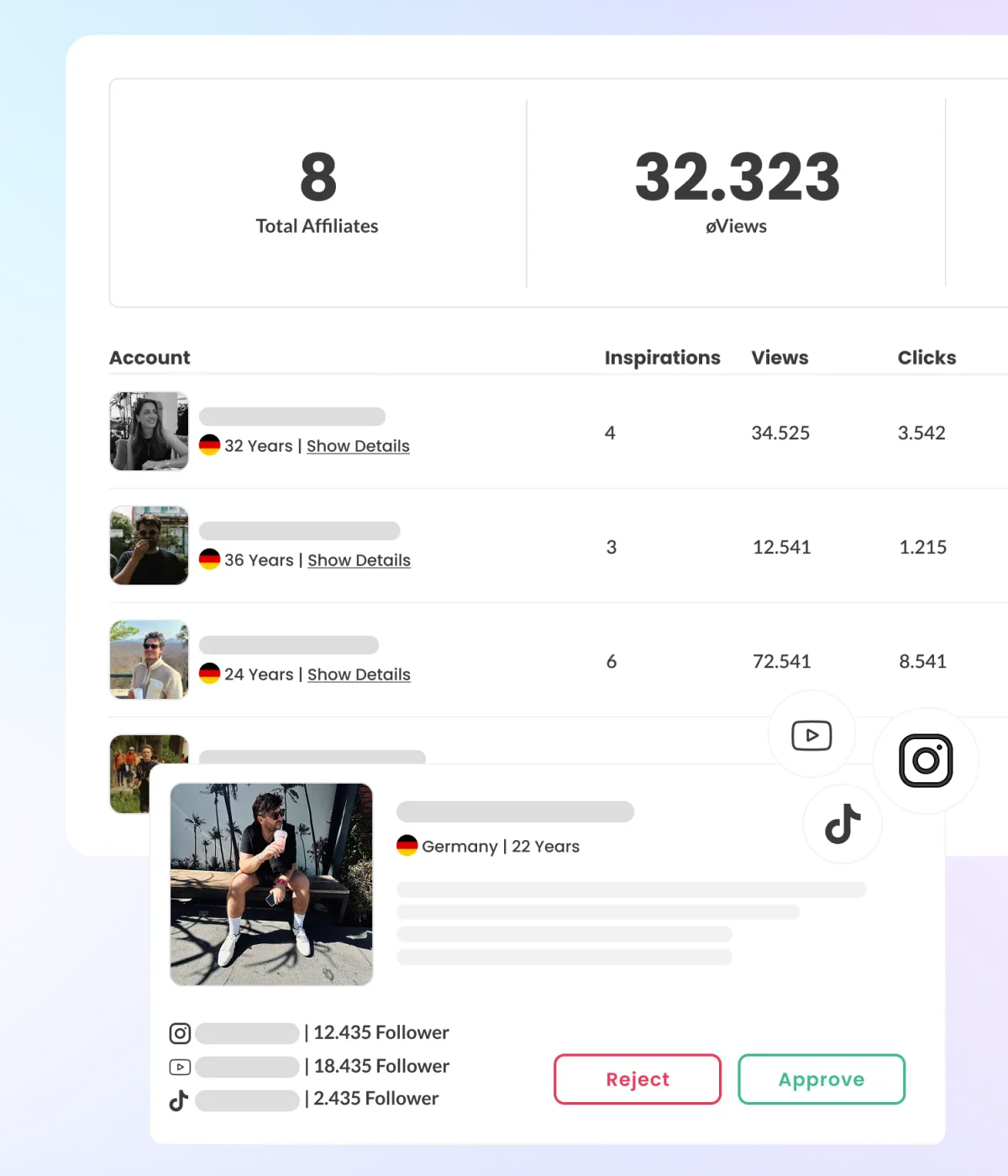 Affiliate management dashboard with approval flow